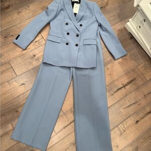 Zara Double-Breasted Suit Jacket and Wide-Leg Pants - Light Blue